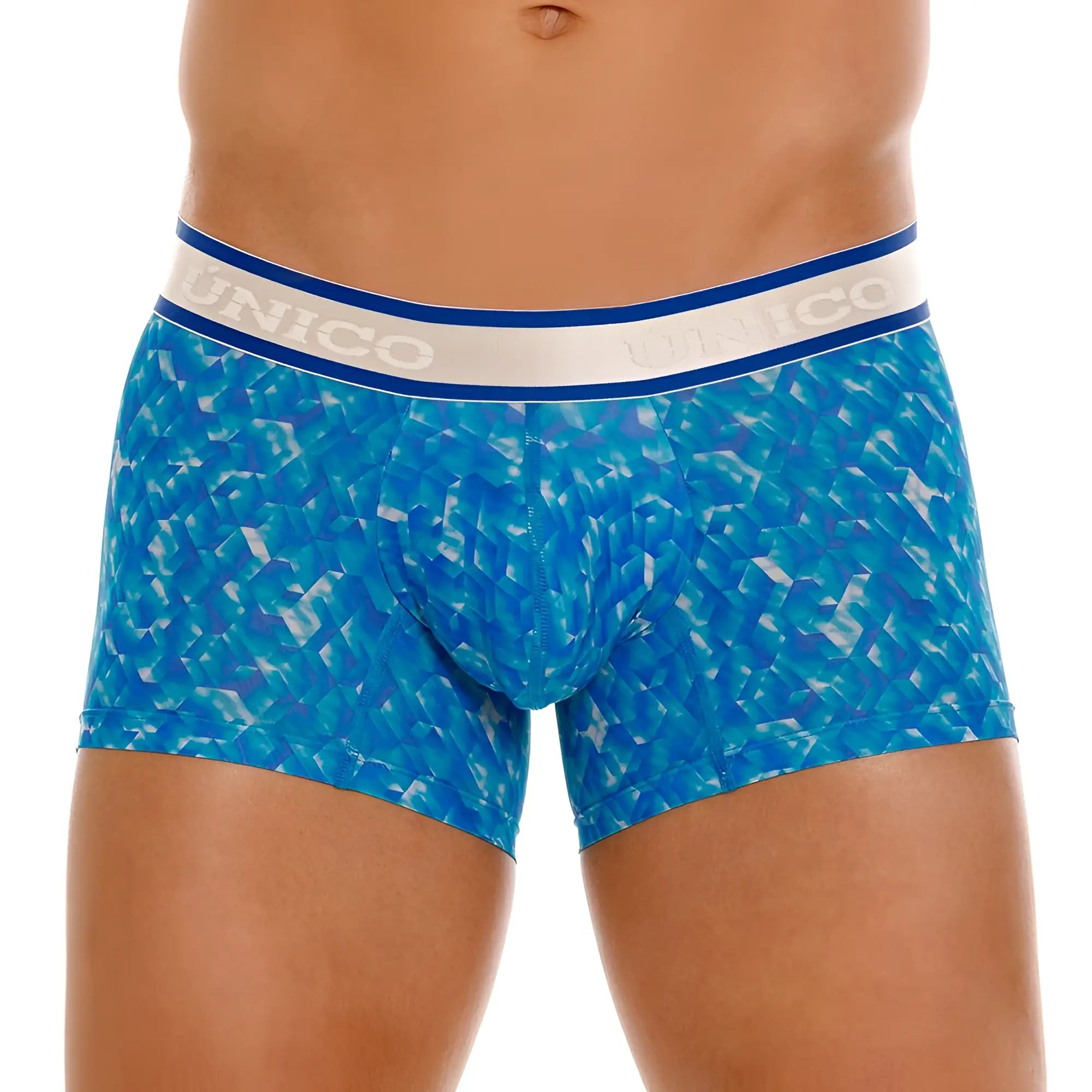 Blue patterned unico 24100100106 palindromo trunks for men with white and blue elastic waistband