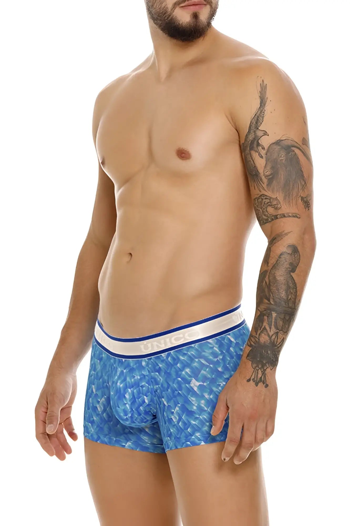 Blue patterned men’s boxer briefs with white and blue elastic waistband unico 24100100106 palindromo trunks color 46-blue