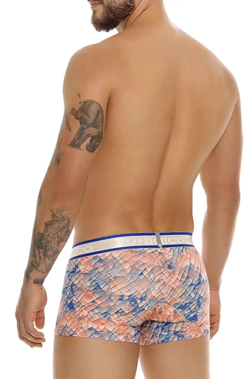 Men’s unico aforo trunks in multi-colored coral pink and blue scale pattern with white elastic waistband and logo