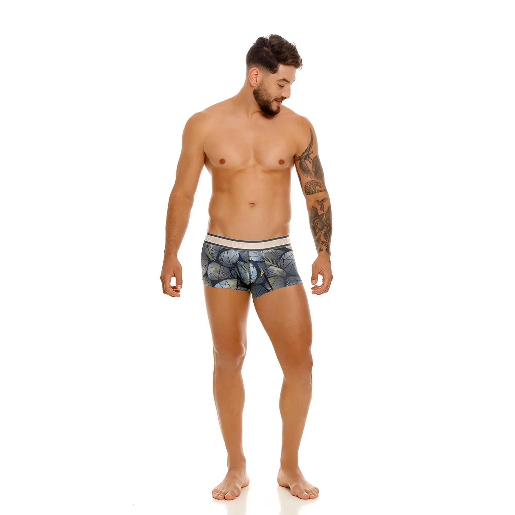 Unico 24100100113 resplandecer trunks in gray featuring blue patterned boxer briefs with white waistband