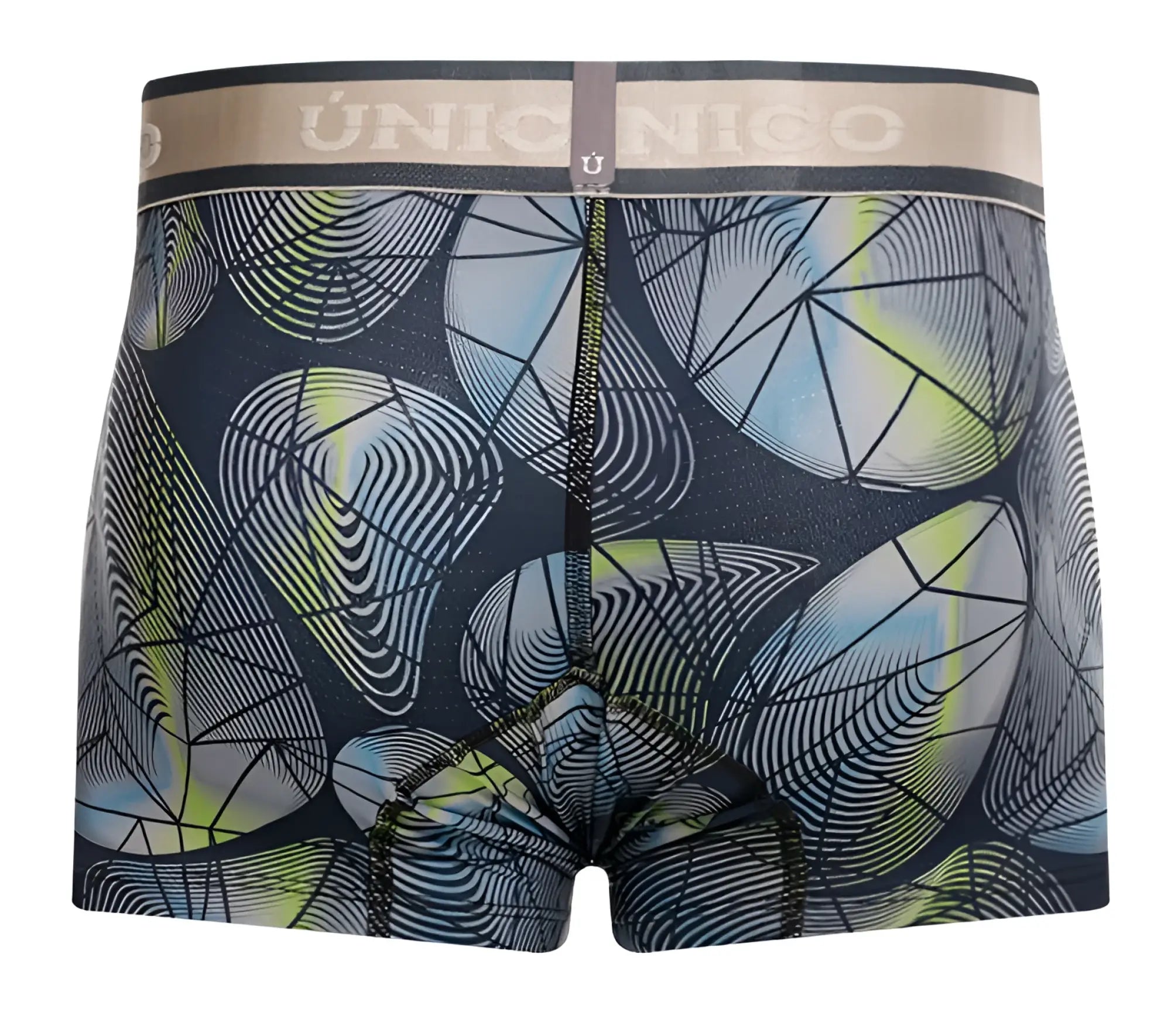 Unico 24100100113 Resplandecer trunks in dark navy with abstract light blue lime green and white geometric patterns