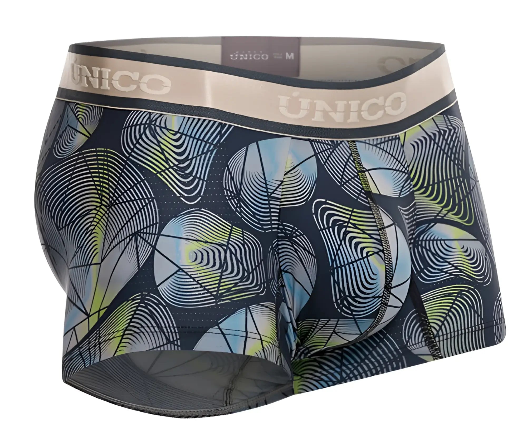 Dark blue unico 24100100113 resplandecer men’s boxer briefs with vibrant abstract geometric pattern in light blue lime green and white