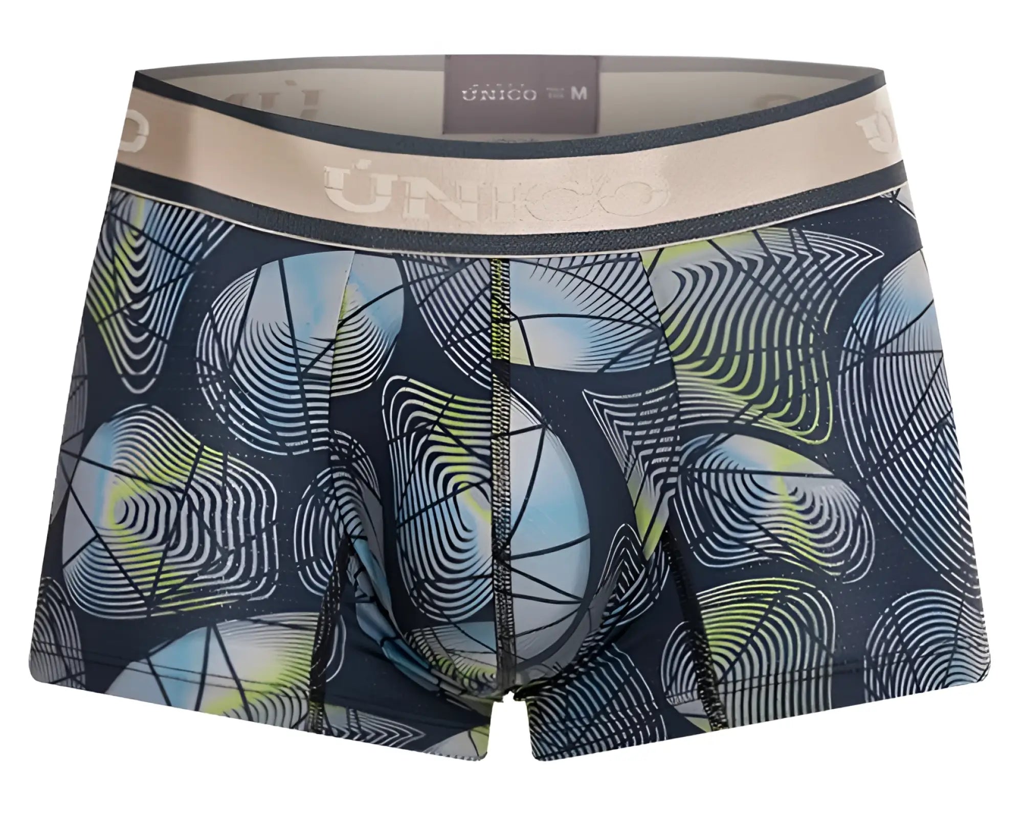 Dark blue mens boxer briefs with bold abstract swirling light blue lime green and white lines unico 24100100113