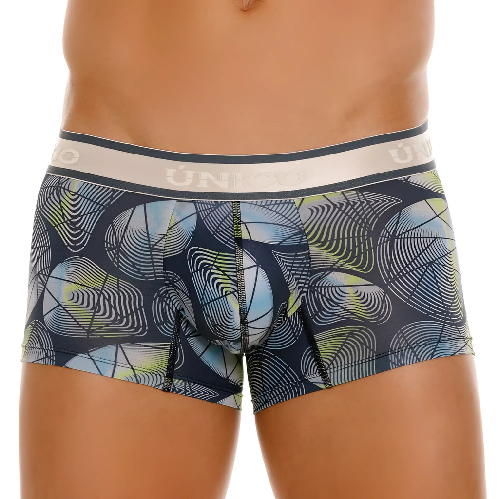 Dark blue uniko 24100100113 resplandecer trunks with vibrant abstract geometric pattern and beige waistband