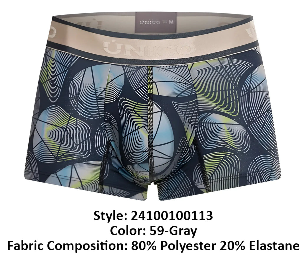 Dark gray boxer briefs unico 24100100113 resplandecer trunks with light blue white lime green concentric circle pattern