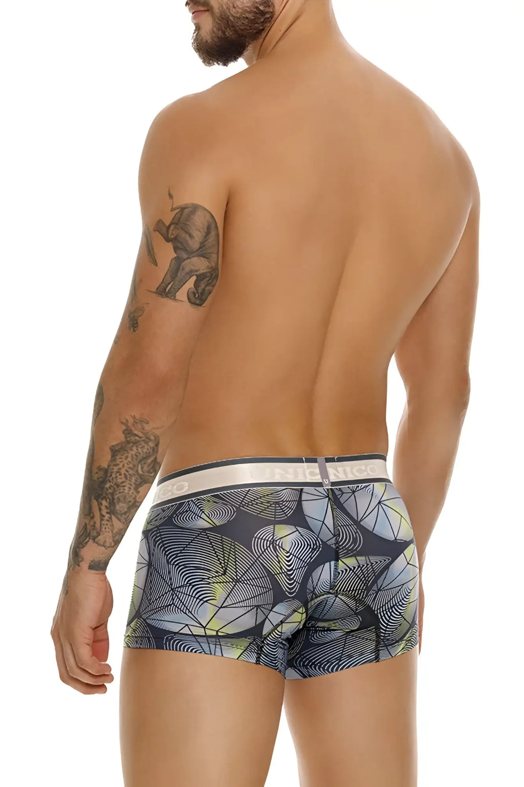 Men’s boxer briefs unico 24100100113 resplandecer trunks color 59-gray with bold geometric pattern in gray black and lime green