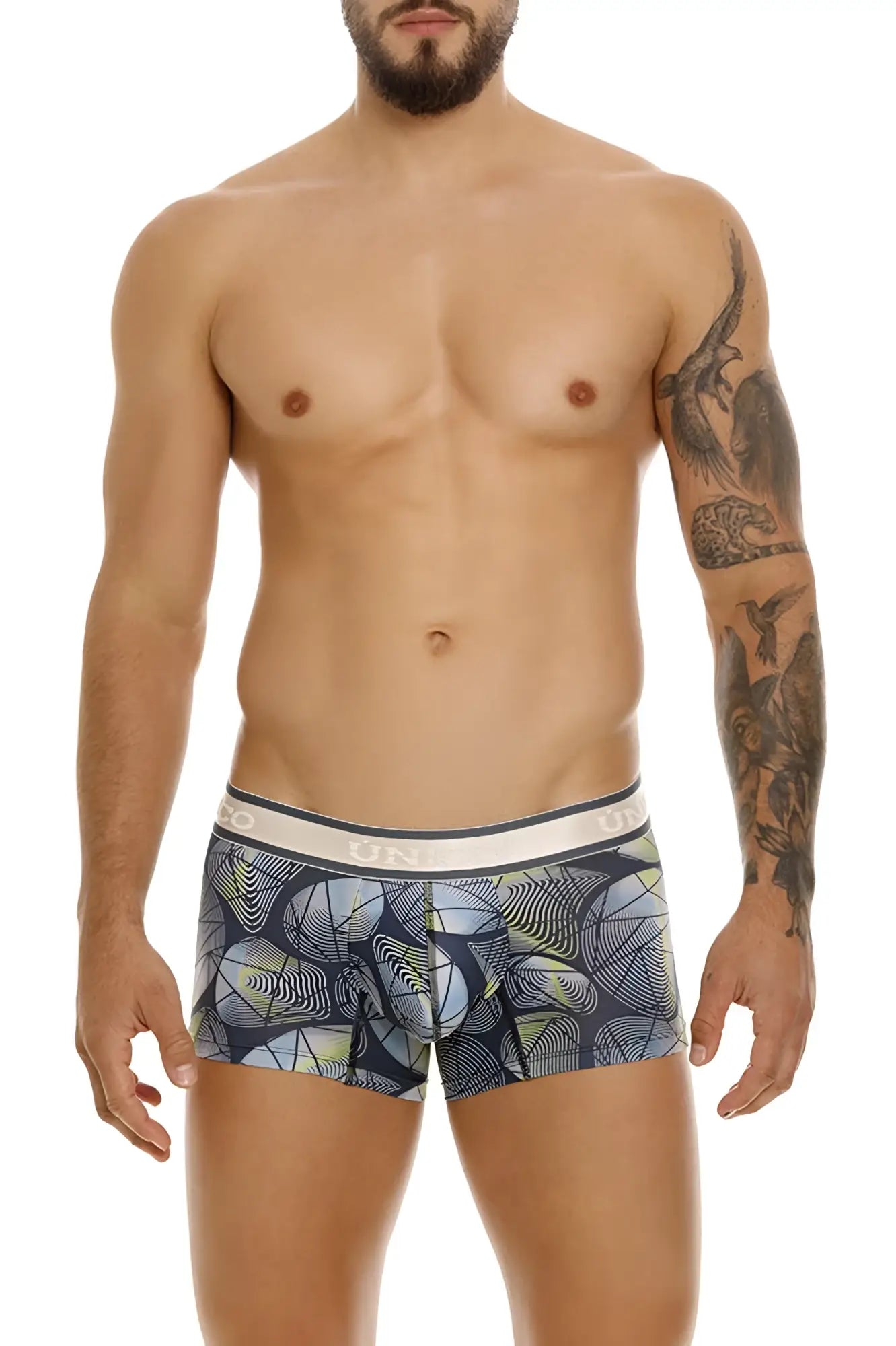 Men’s unico resplandecer trunks boxer briefs with dark blue and gray abstract geometric pattern and white elastic waistband