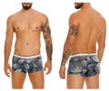 Men’s Unico Resplandecer trunks in gray with blue green abstract leaf pattern on navy with white elastic waistband