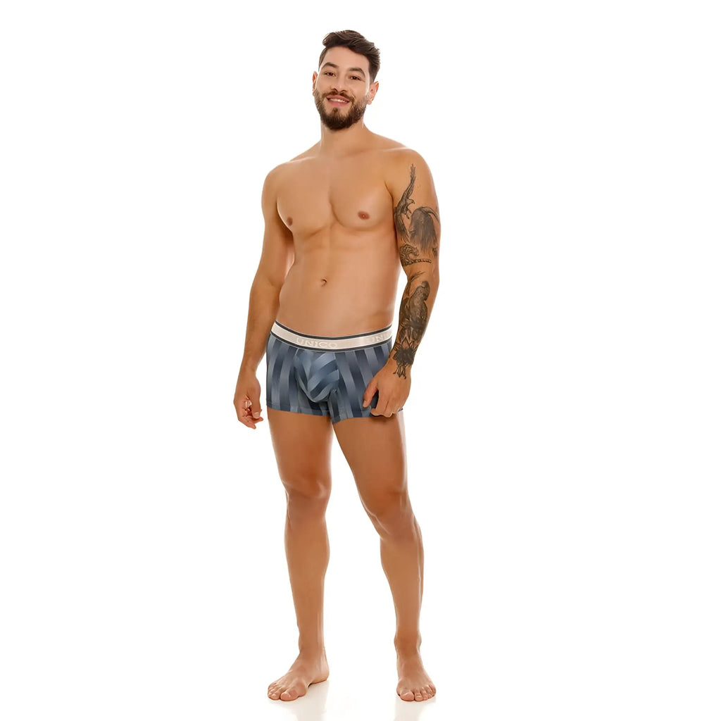 Unico 24100100114 ejes trunks boxer briefs with blue and gray geometric pattern and white elastic waistband