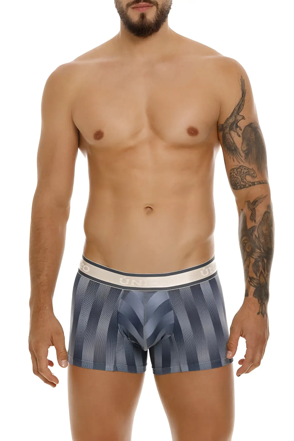 Blue and gray striped Unico Ejes trunks with white elastic waistband featuring brand name in color 59 gray
