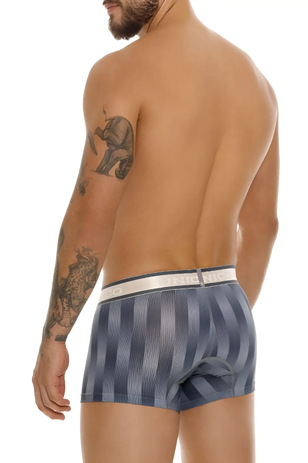 Blue and gray striped boxer briefs with white elastic waistband unico 24100100114 ejes trunks color 59-gray front view