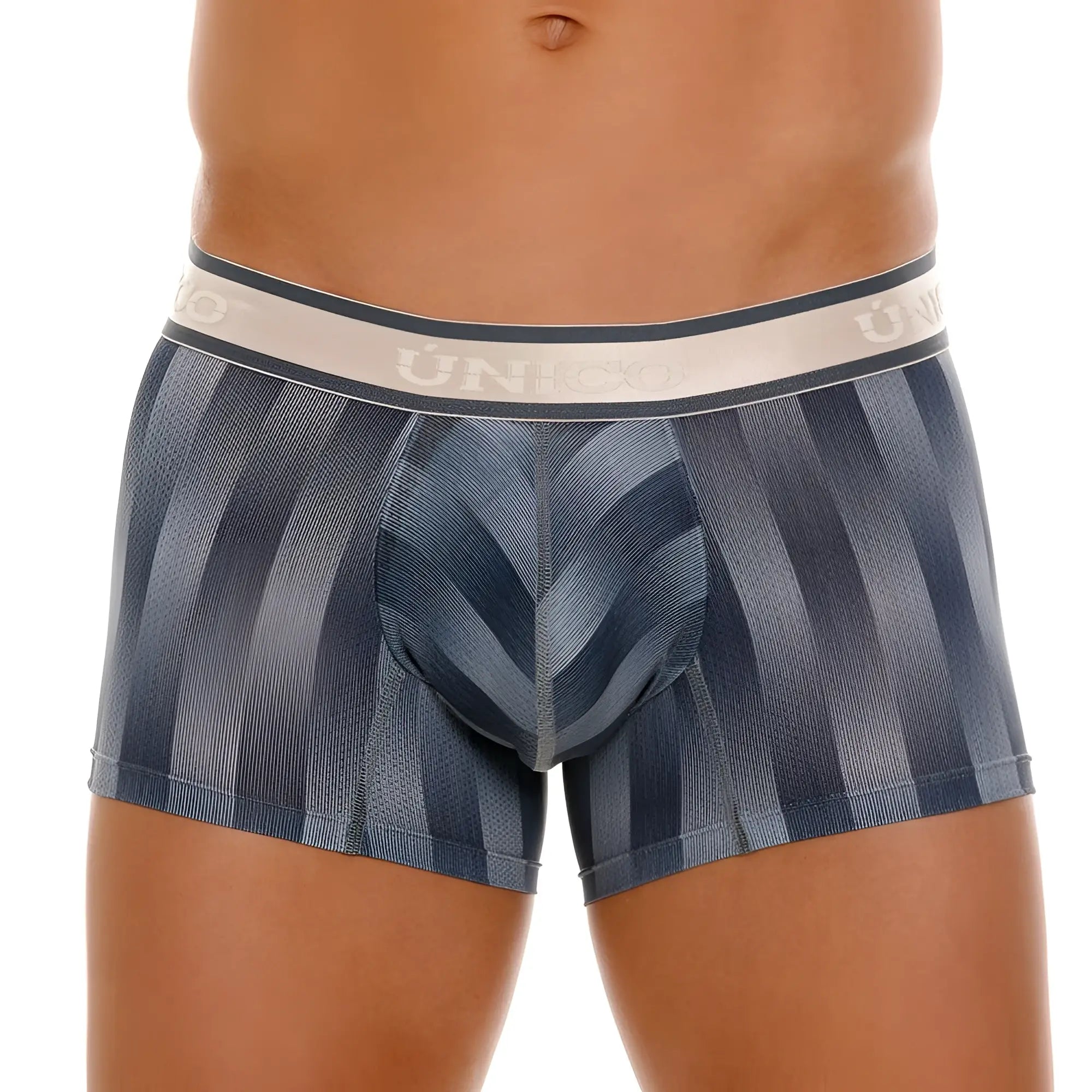 Blue and gray striped men’s boxer briefs with a white unico waistband in ejes trunks color 59-gray