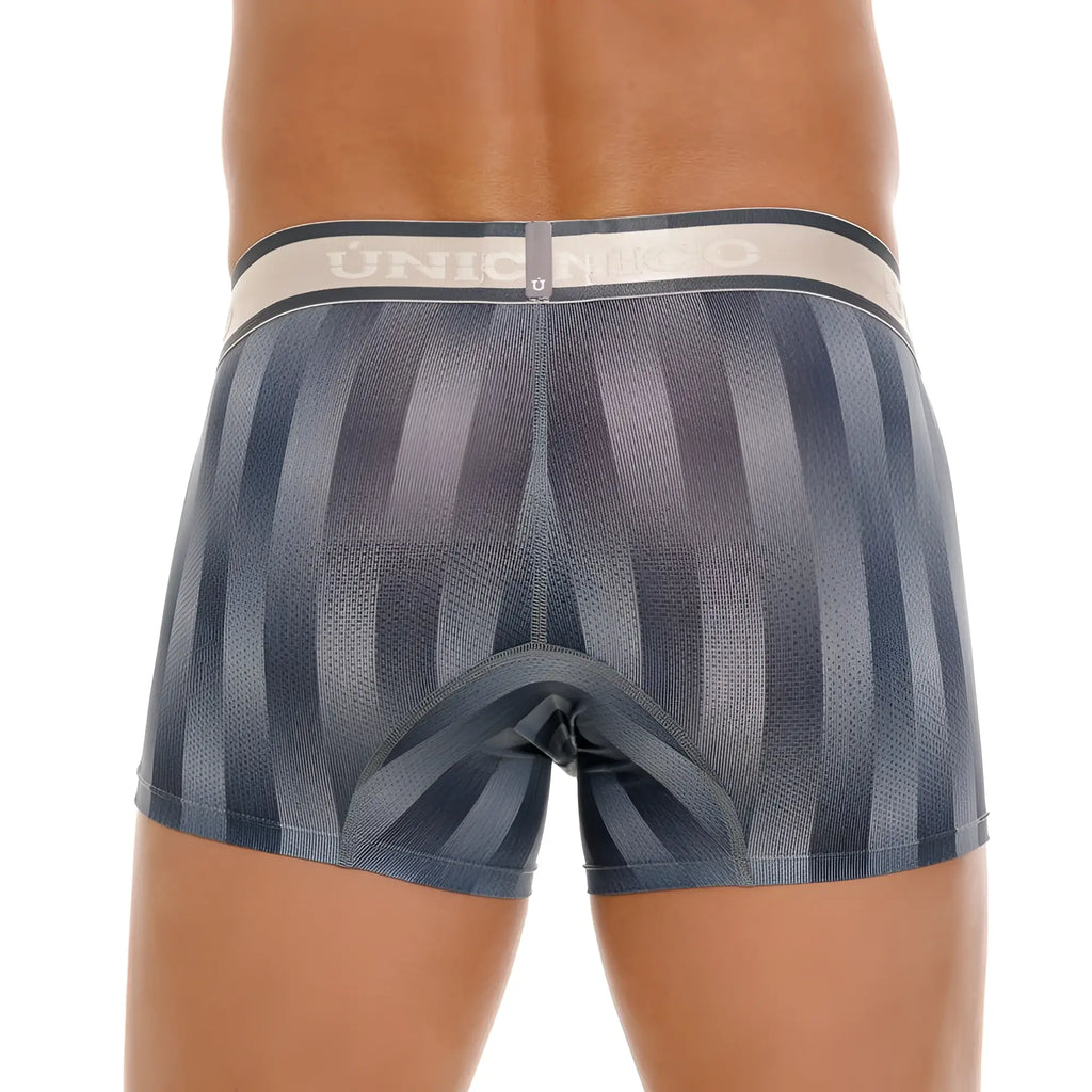 Dark gray striped boxer briefs with a light beige union waistband from unico 24100100114 ejes trunks color 59-gray