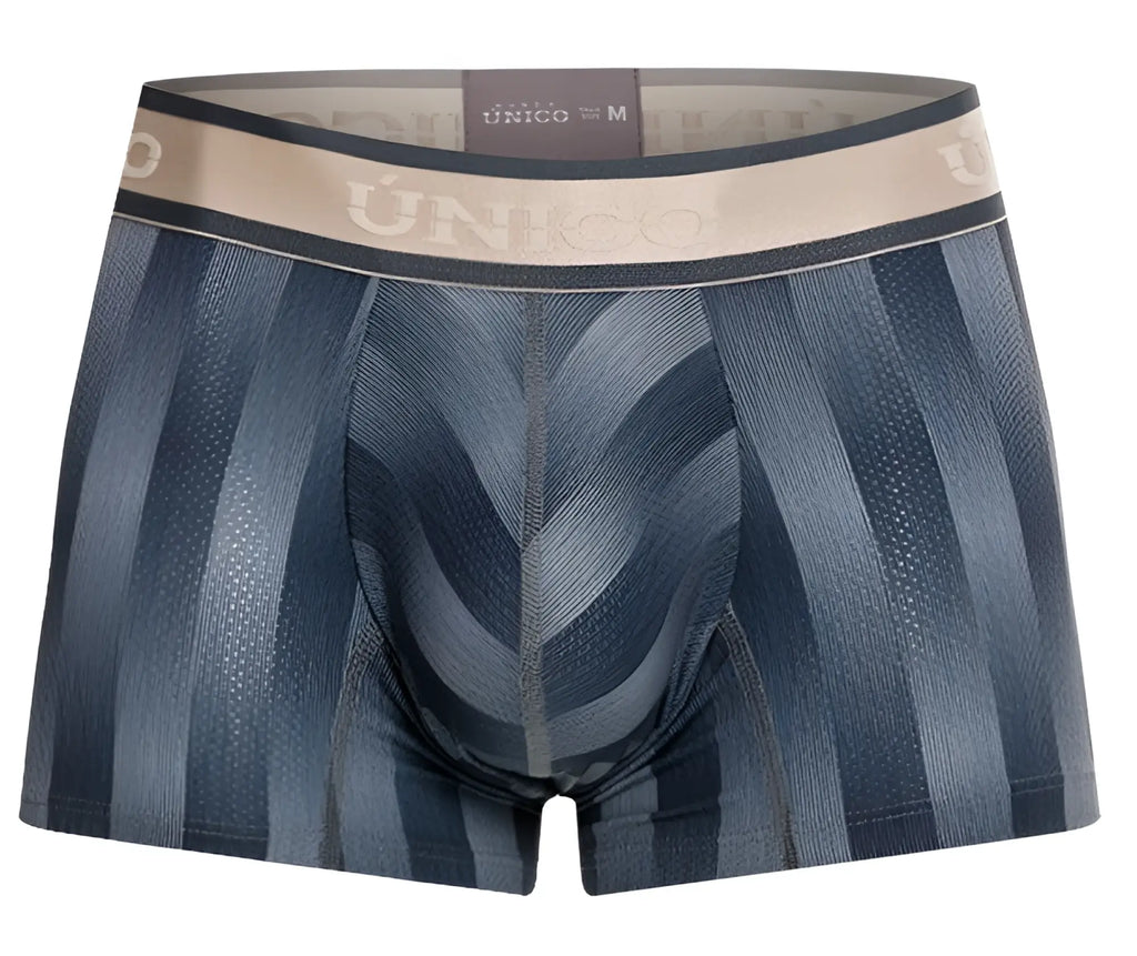 Men’s unico 24100100114 ejes trunks gray briefs with blue stripes textured pattern and unico logo on waistband