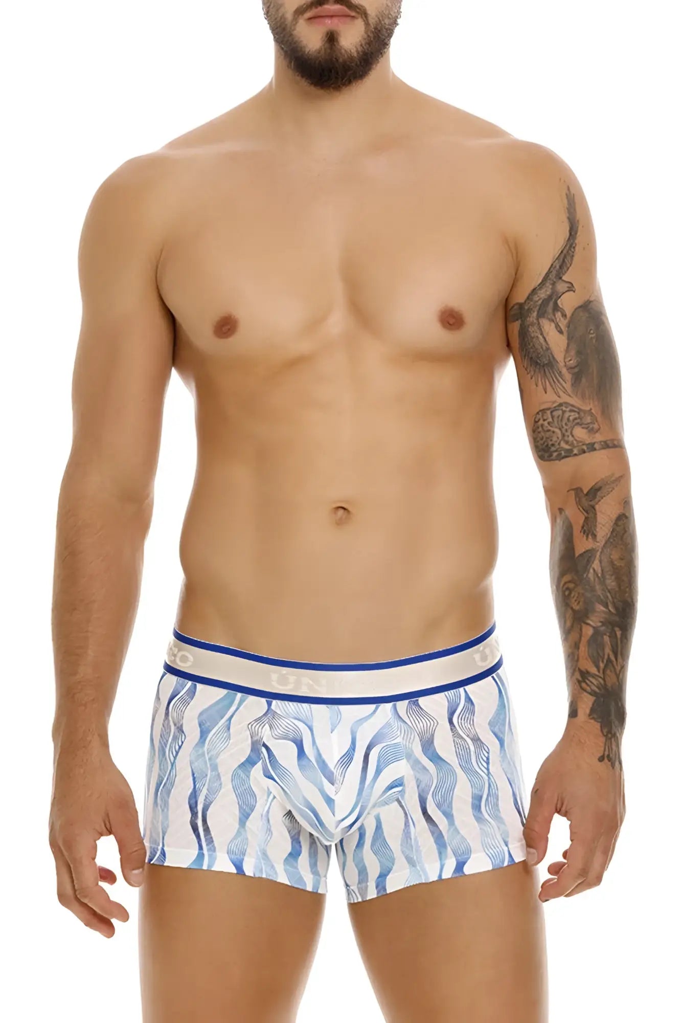 Blue and white patterned Unico 24100100116 Pomposo trunks with wavy design boxer briefs for comfortable wear