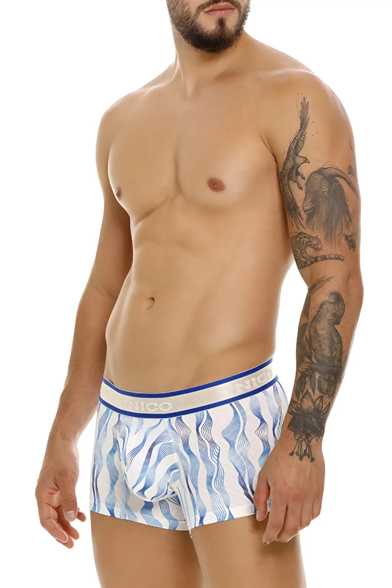 Blue and white patterned men’s boxer briefs with branded waistband unico 24100100116 pomposo trunks color 46-white