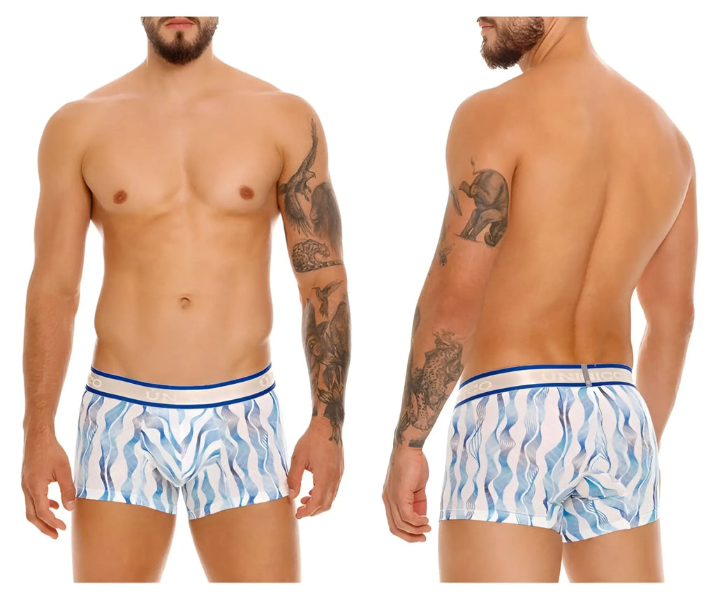 Blue and white patterned men’s boxer briefs unicom 24100100116 pomposo trunks color 46-white with wavy design