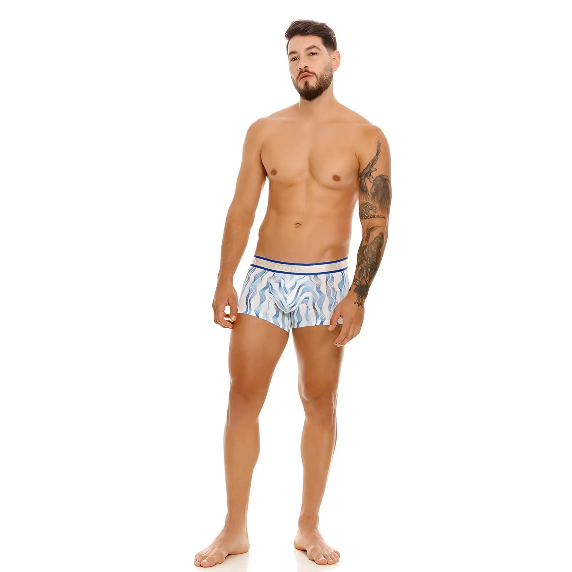 Blue and white patterned unico pomposo swim trunks with sleek modern design color 46 white for beachwear