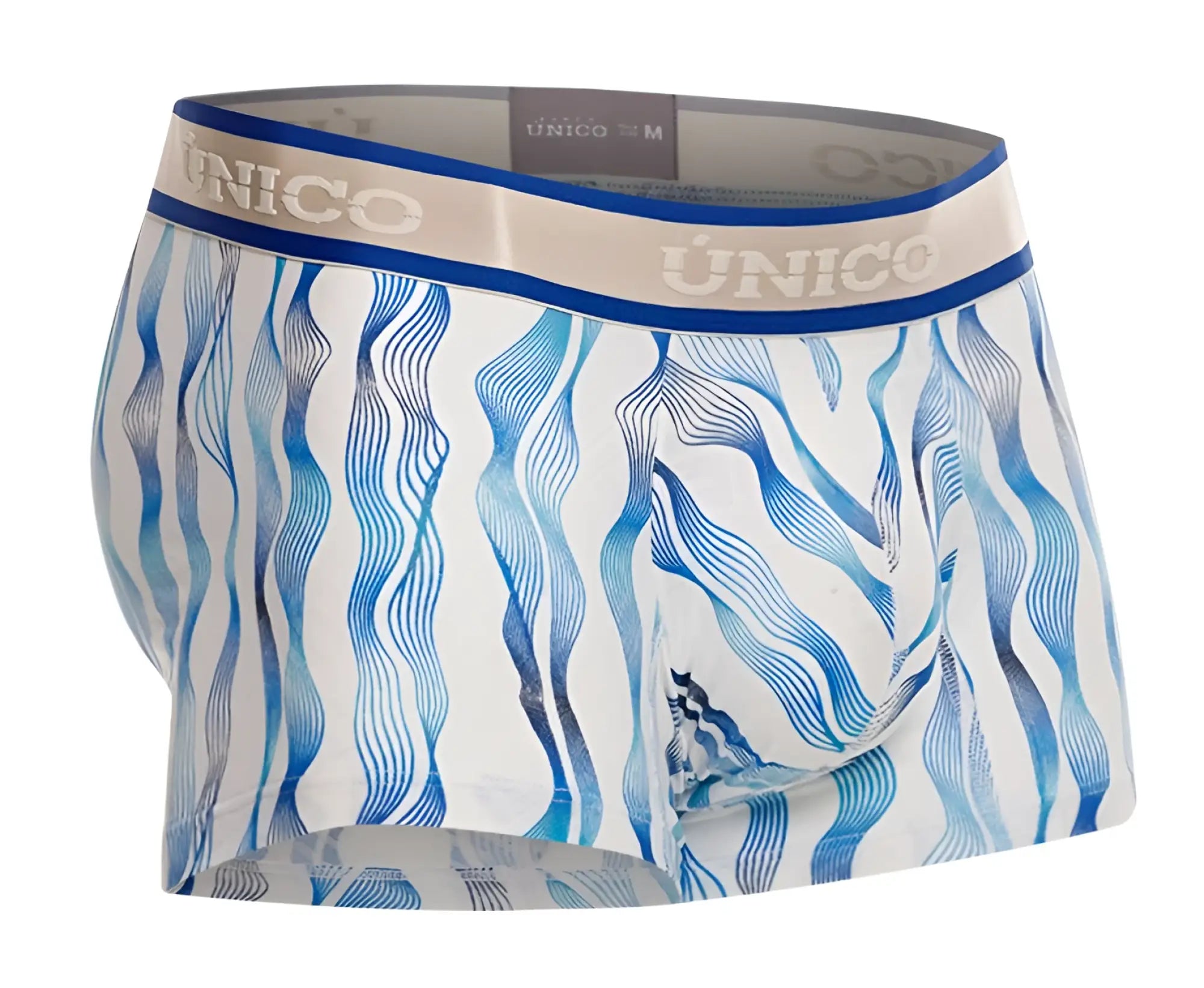 White and blue wavy patterned unico 24100100116 pomposo trunks with beige waistband featuring brand name