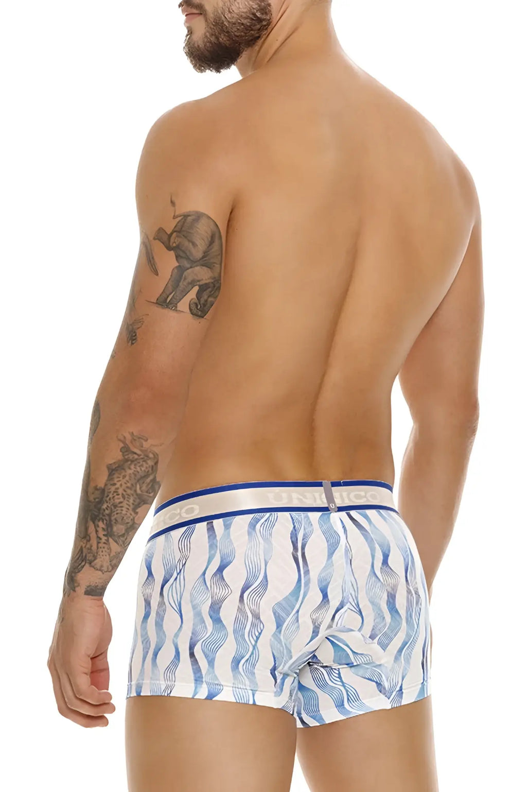 Unico 24100100116 pomposo trunks in blue and white wavy pattern with blue elastic waistband boxer briefs
