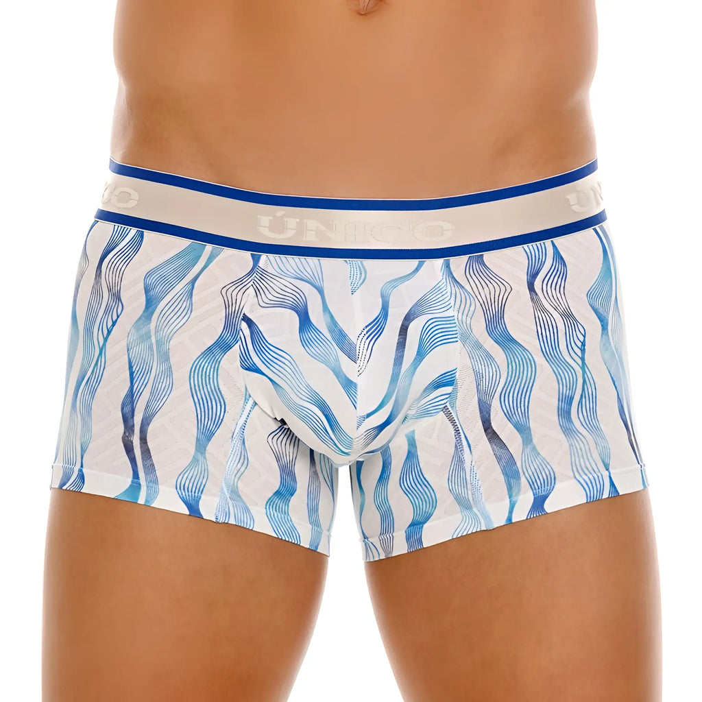 White and blue wavy patterned men’s briefs with branded elastic waistband unic 24100100116 pomposo trunks color 46-white