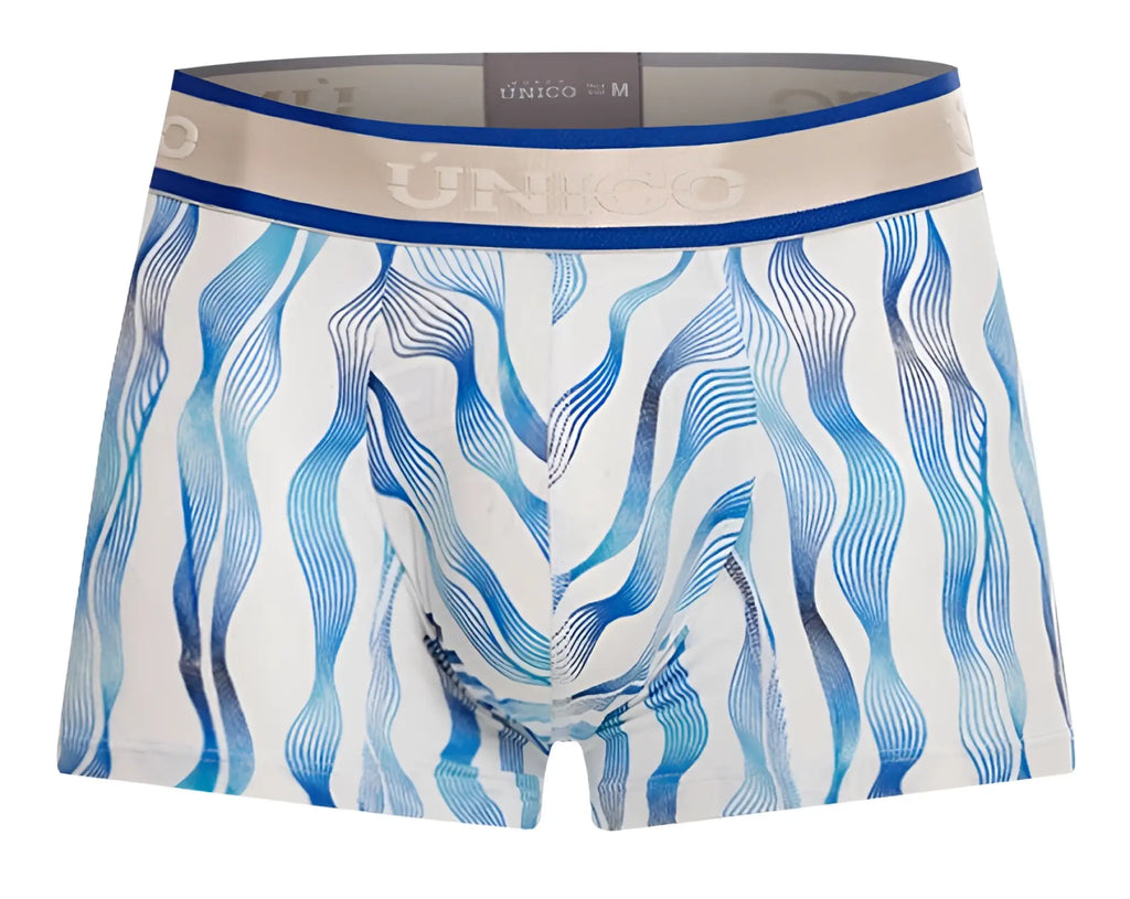 White and blue wavy-patterned unico pomposo trunks with beige waistband for men color 46-white