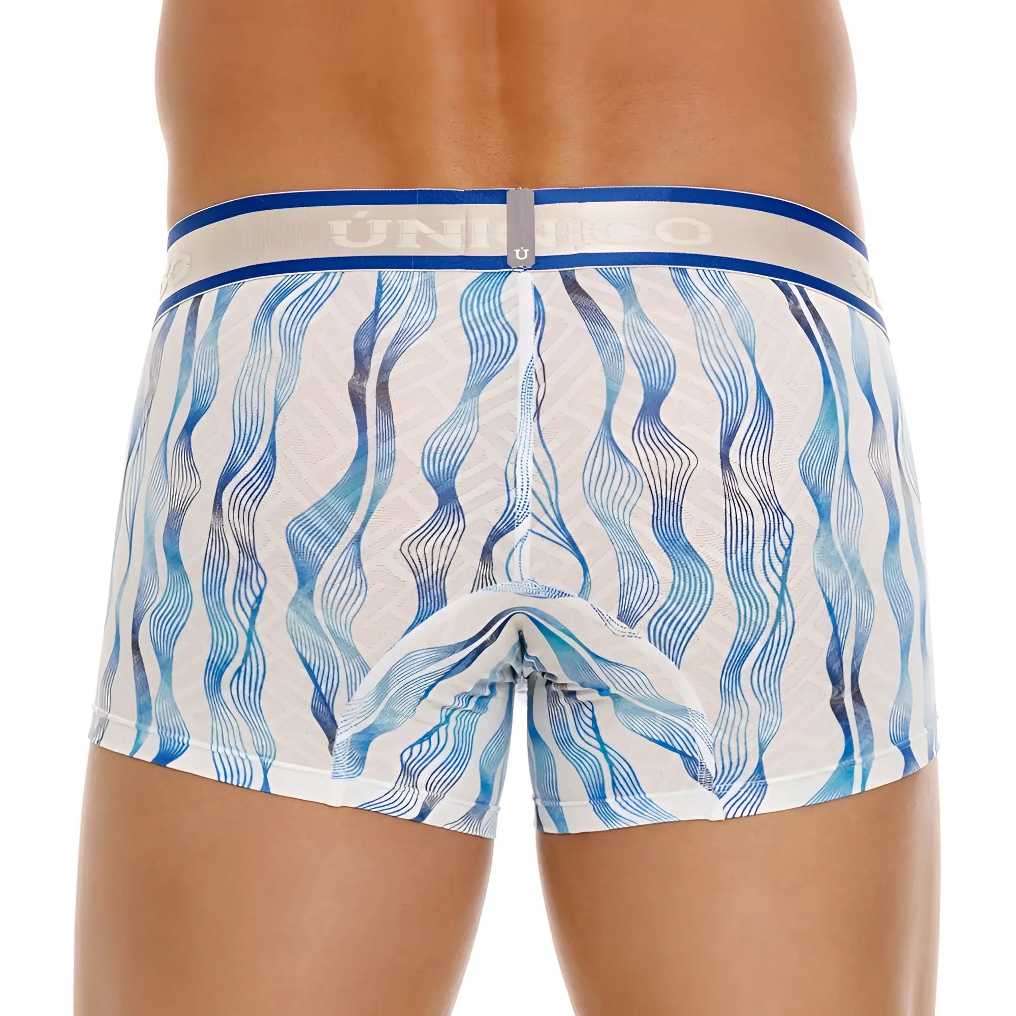 Unico 24100100116 Pomposo trunks white briefs with wavy blue lines and navy blue waistband with Uniko branding