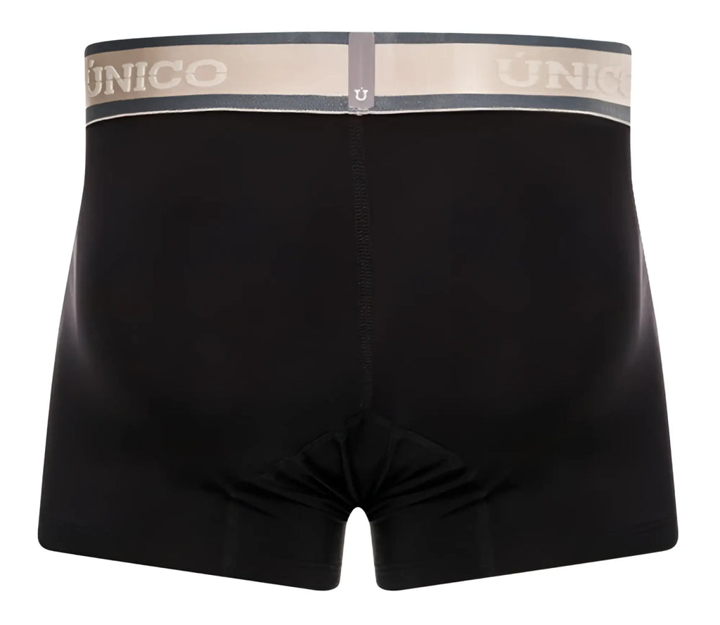 Black unico boxer briefs with gray and beige elastic waistband featuring brand name in white lettering model 24100100126