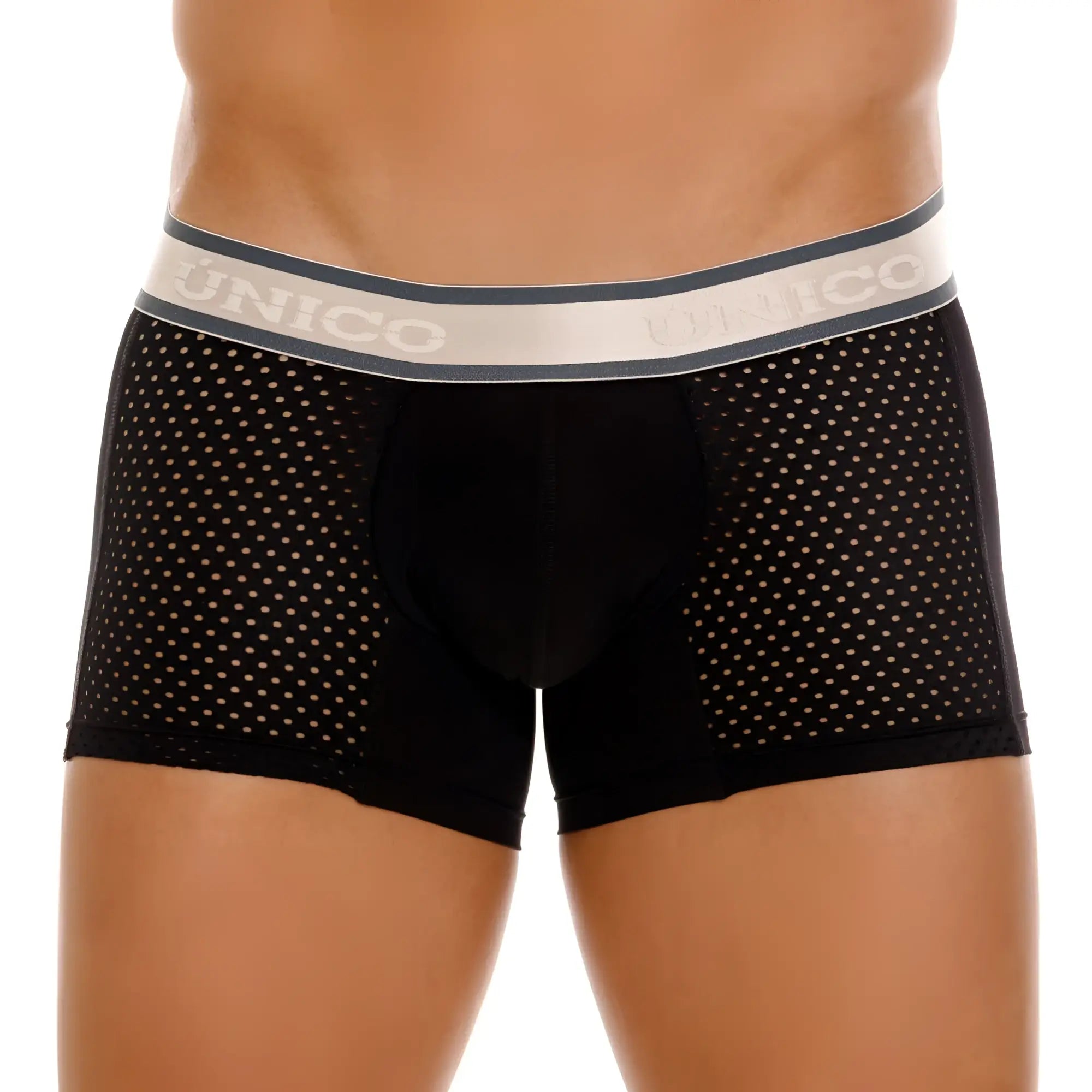 Black unico boxer briefs with perforated mesh design and gray waistband featuring brand name unco 24100100126 tamiz trunks