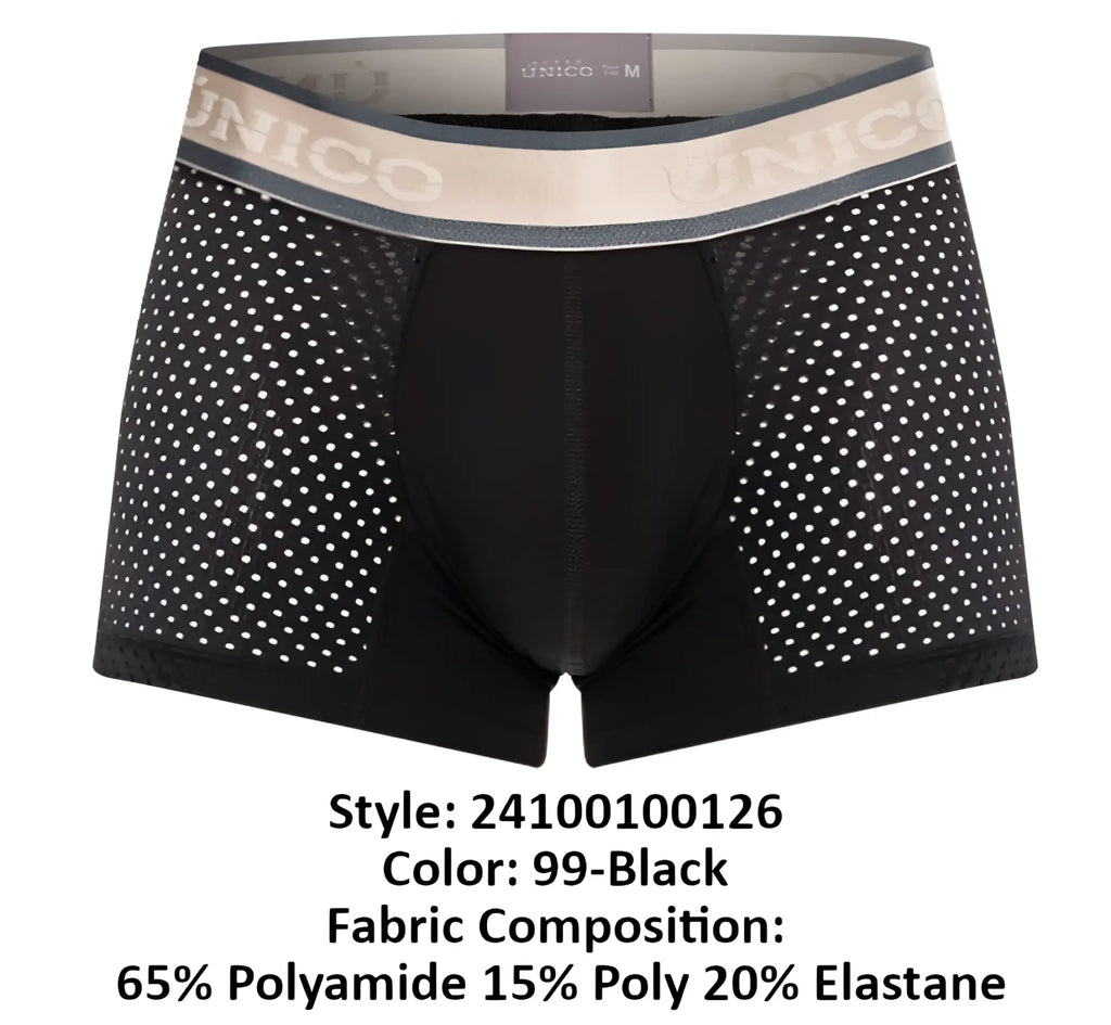 Black unico 24100100126 tamiz trunks boxer briefs with perforated mesh design and beige elastic waistband
