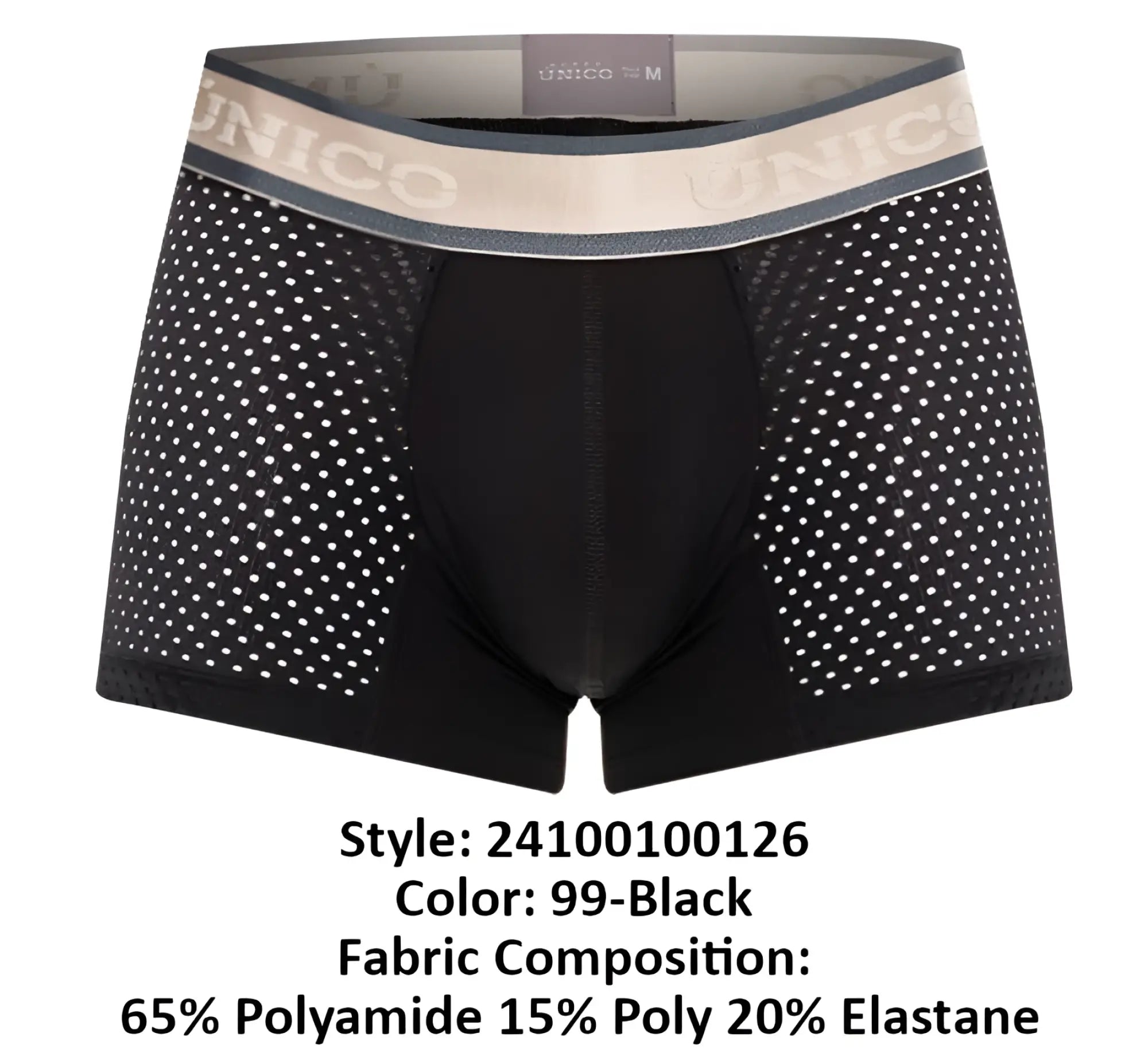 Black unico 24100100126 tamiz trunks boxer briefs with perforated mesh design and beige elastic waistband