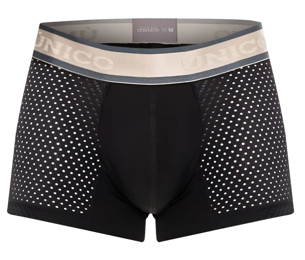 Black unico 24100100126 tamiz trunks men’s boxer briefs with perforated mesh and beige elastic waistband