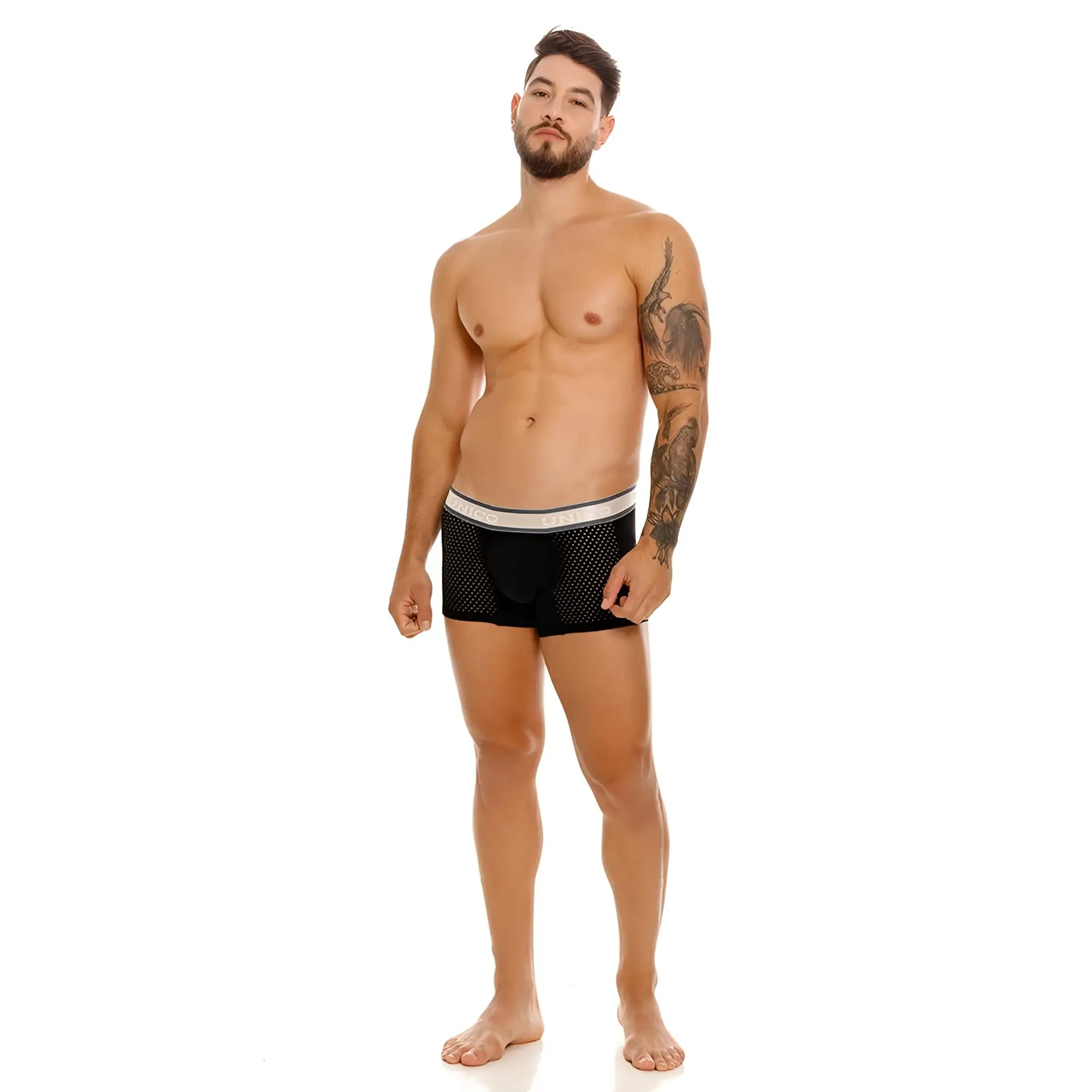 Black mesh boxer briefs with white elastic waistband branded brazil designed for comfort and breathability