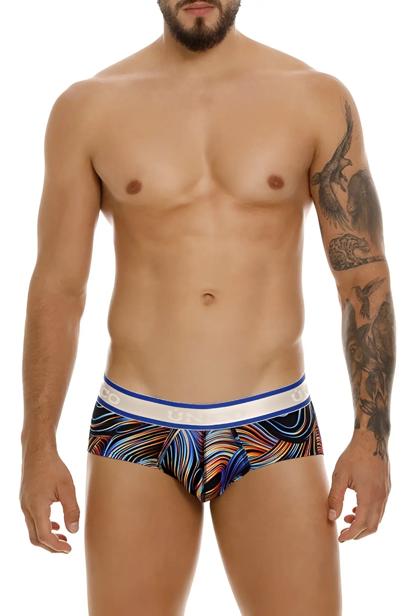 Colorful abstract-patterned unico 24100101104 calamo briefs with white elastic waistband and blue trim in black color