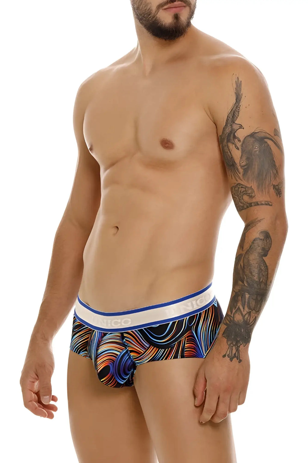 Men’s unico 24100101104 calamo briefs in black with vibrant blue orange black wave pattern and white nico waistband