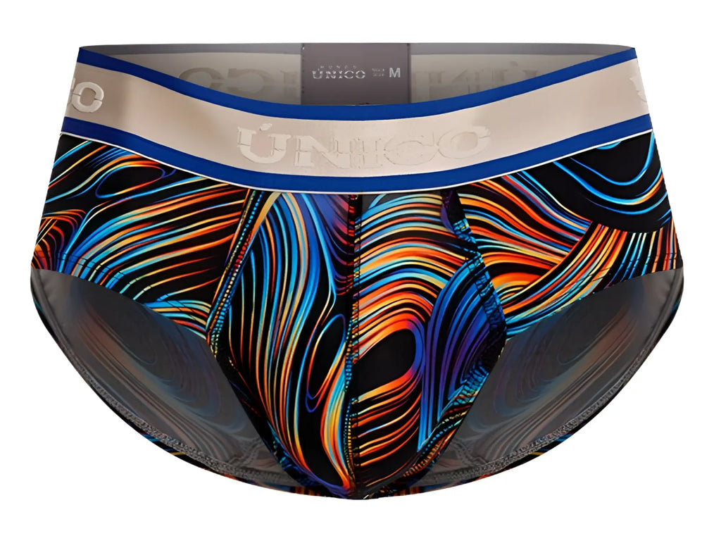Vibrant unico 24100101104 calamo briefs in neon blue orange and purple swirl pattern on black with beige waistband