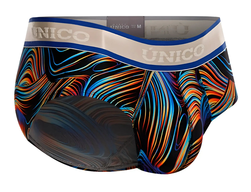 Unico 24100101104 calamo briefs men’s vibrant abstract wave-patterned orange blue black with white waistband