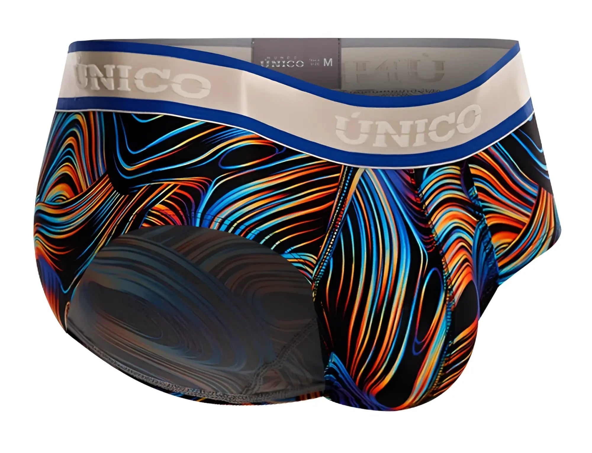 Unico 24100101104 calamo briefs men’s vibrant abstract wave-patterned orange blue black with white waistband