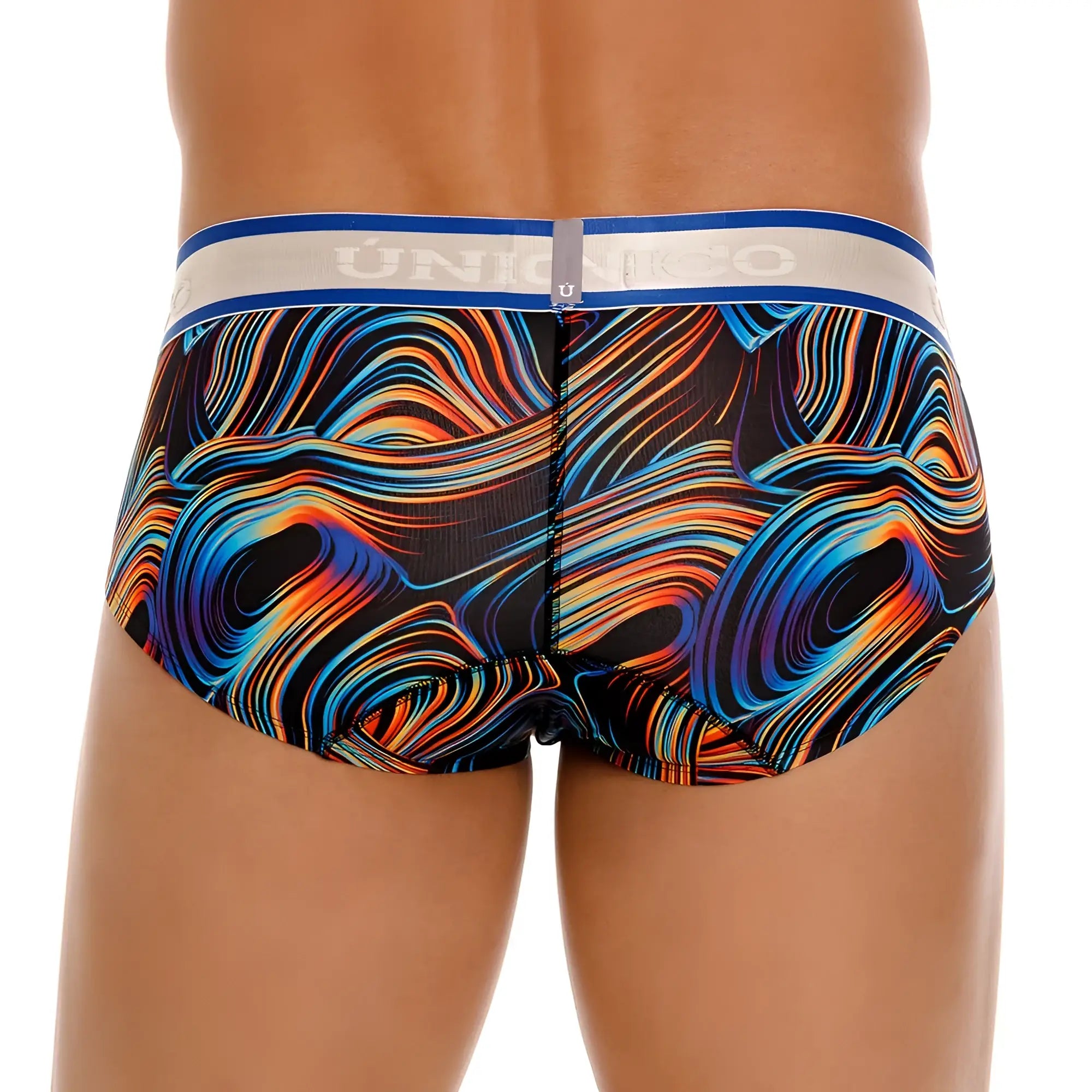 Vibrant abstract wave-patterned union jack unico 24100101104 calamo briefs in blue orange and purple with white waistband