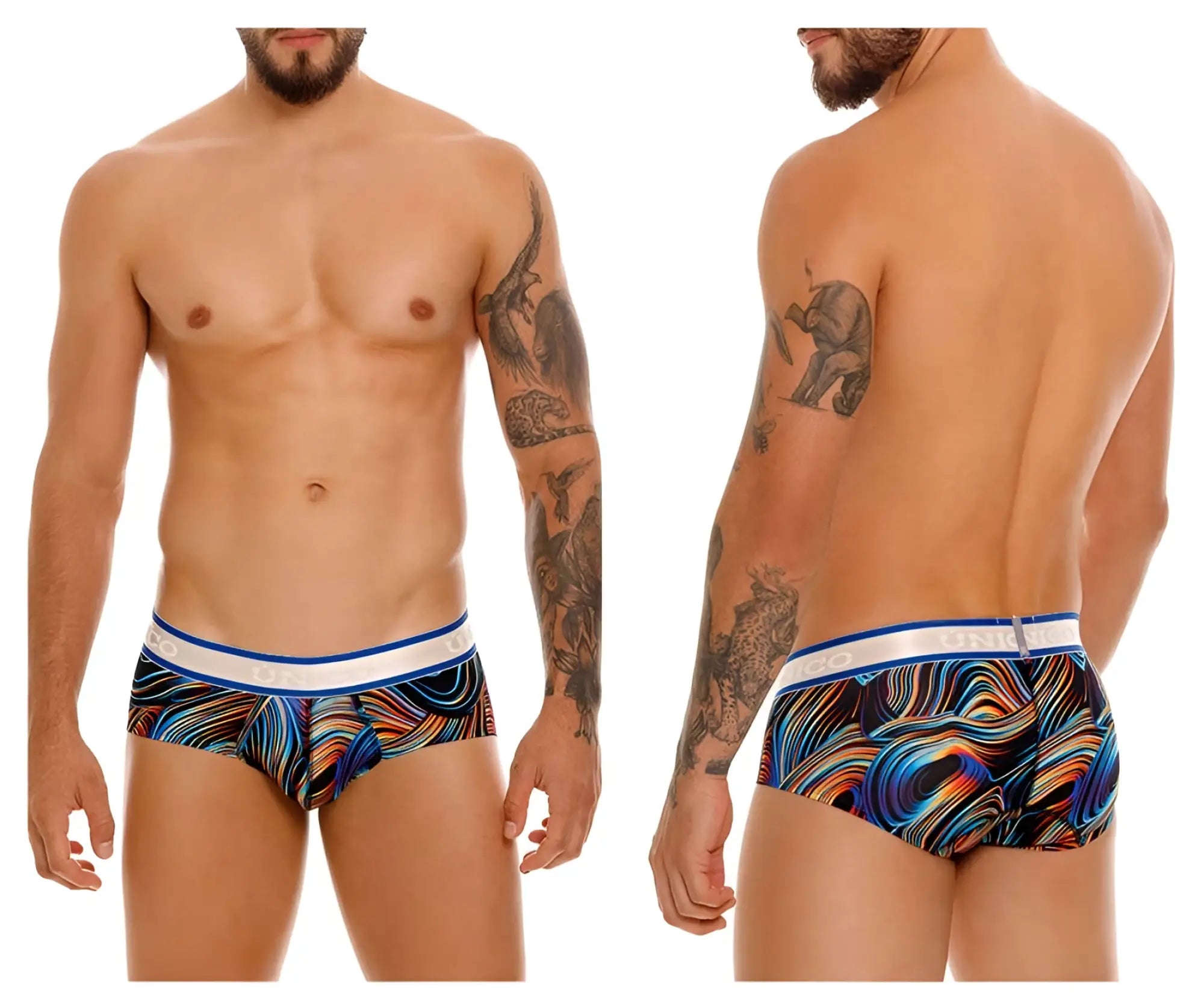 Unico 24100101104 Calamo briefs in vibrant multicolored wave pattern with white and blue elastic waistband black base