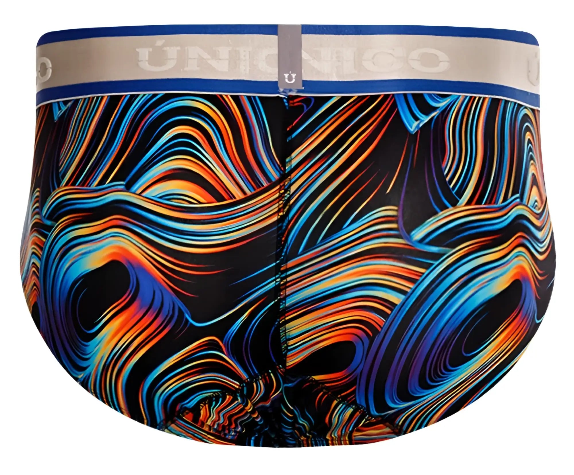 Vibrant psychedelic swirl-patterned unico 24100101104 calamo men’s briefs in blue orange and red on black with gray waistband