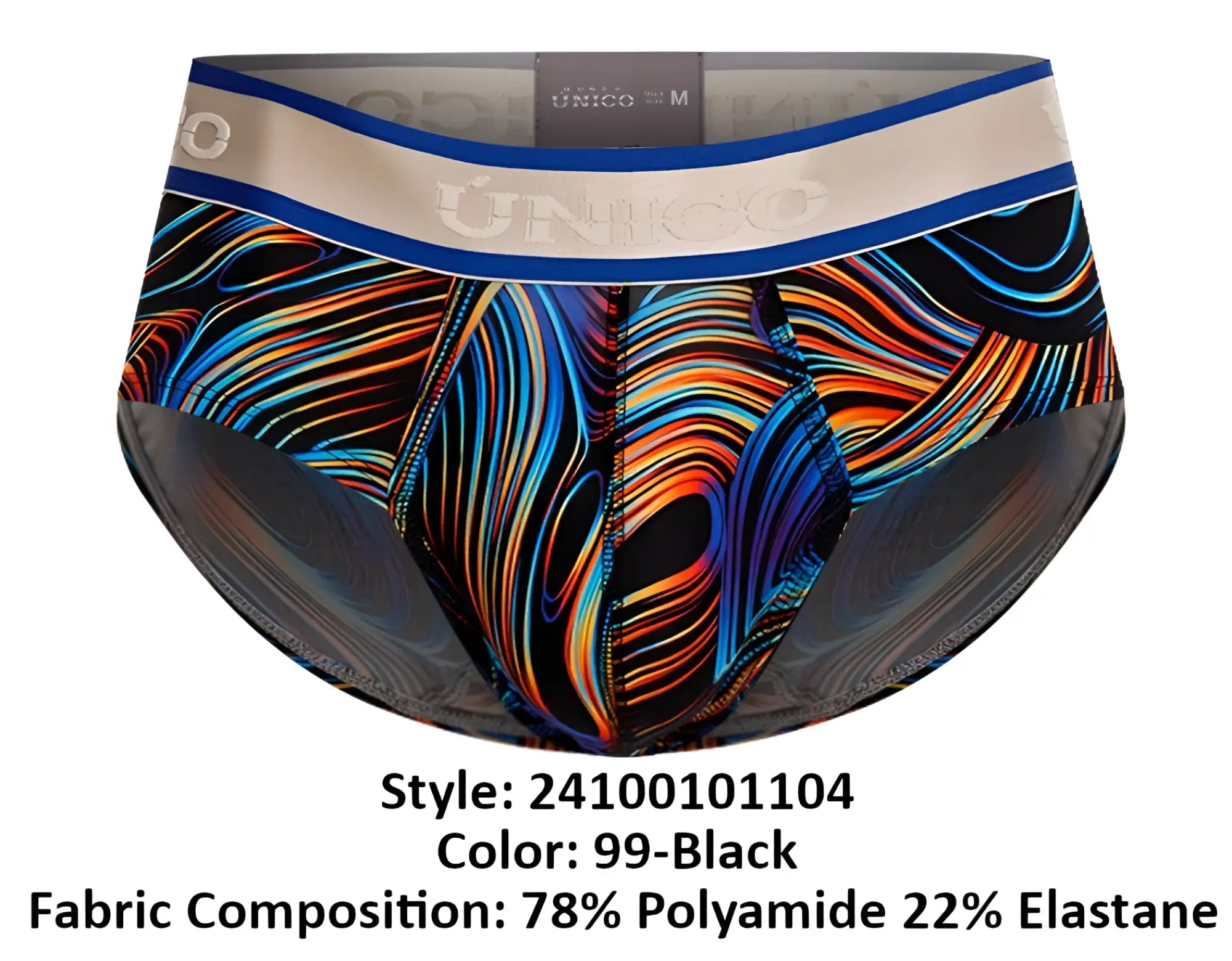 Vibrant psychedelic swirl patterned unico 24100101104 calamo briefs in black with blue and beige waistband