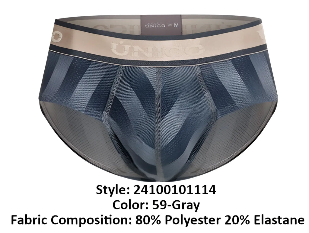 Unico 24100101114 ejes briefs are blue and gray patterned men’s briefs with a beige waistband featuring the brand logo
