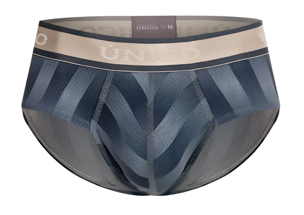 Blue and gray patterned unico 24100101114 ejes briefs with beige waistband and brand logo in gray color