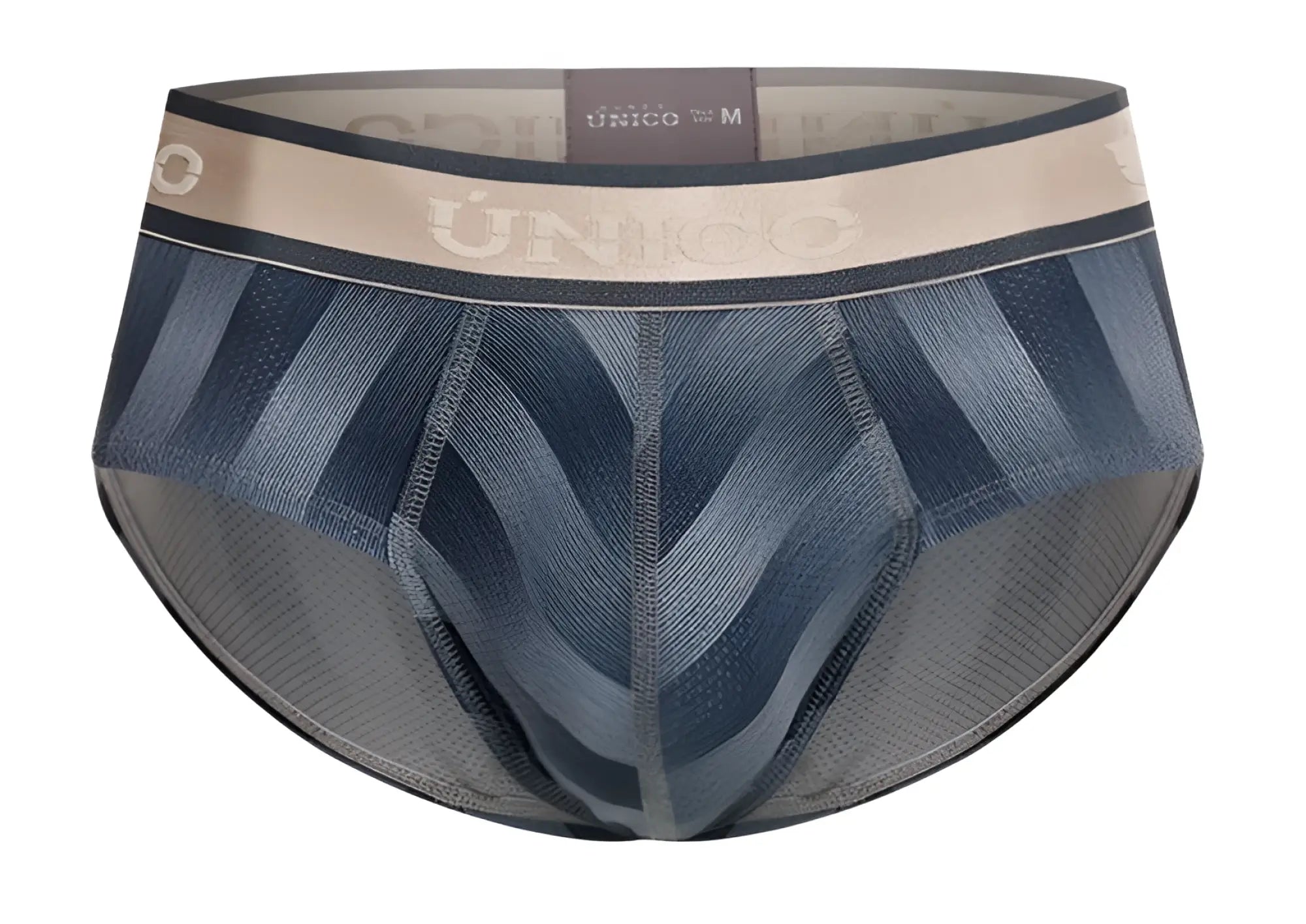 Blue and gray patterned unico 24100101114 ejes briefs with beige waistband and brand logo in gray color