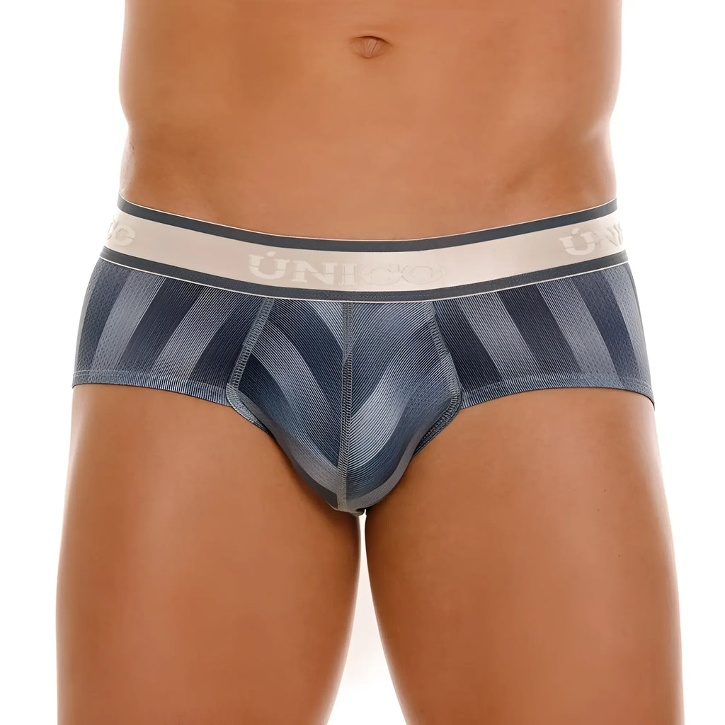 Gray and blue striped men’s briefs with a white uniqlo waistband from unico 24100101114 ejes briefs color 59-gray