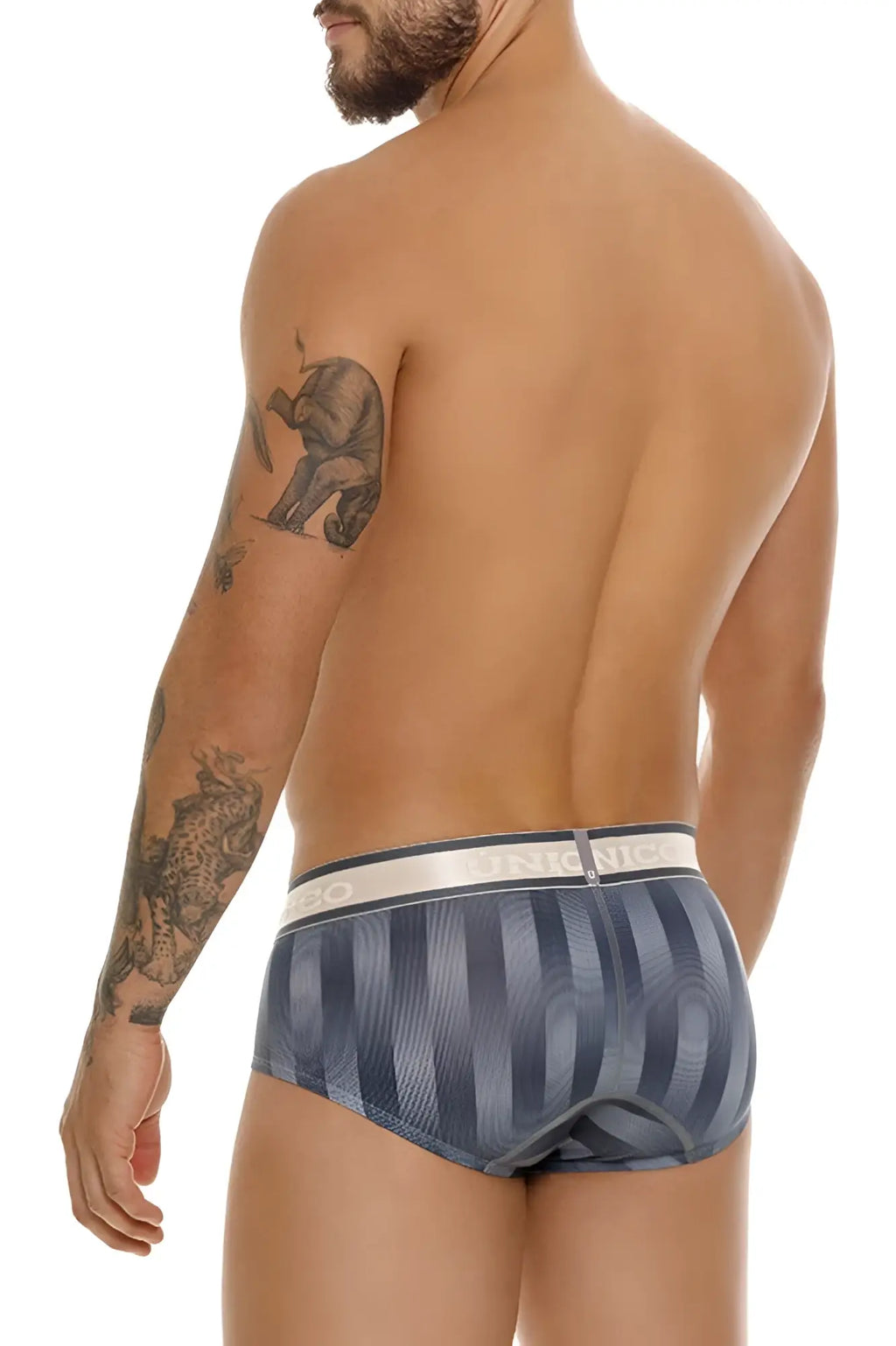 Unico 24100101114 ejes briefs men’s blue and gray striped briefs with white waistband and brand name logo