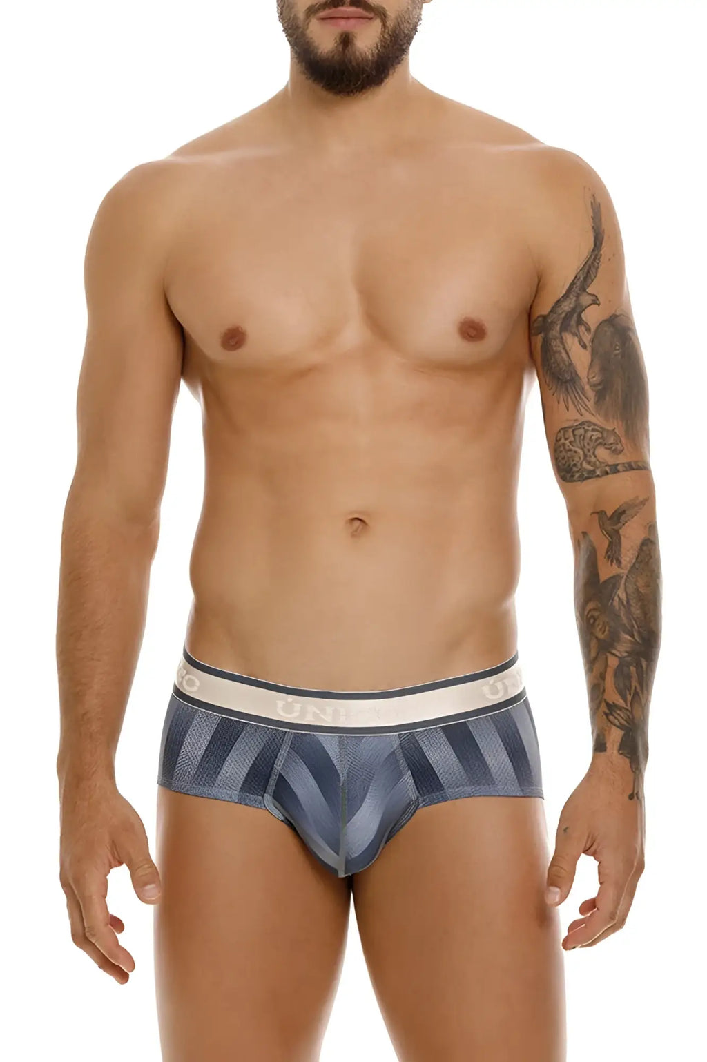 Blue and gray striped unico 24100101114 ejes men’s briefs with white elastic waistband featuring brand logo