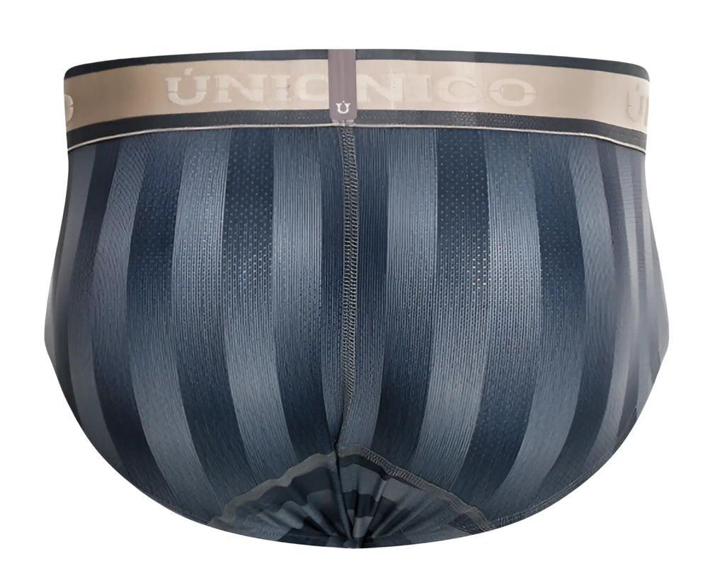 Dark blue striped union nico men’s briefs with beige waistband featuring brand name unesco 24100101114 ejes briefs gray