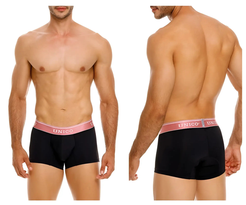 Black unico boxer briefs with a pink waistband and white brand name designed for comfortable everyday wear